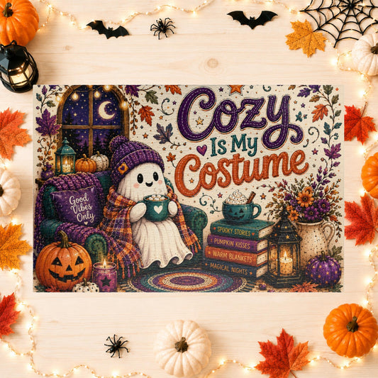 Cozy Is My Costume Halloween puzzle featuring ghost in beanie, books, and cozy autumn decor