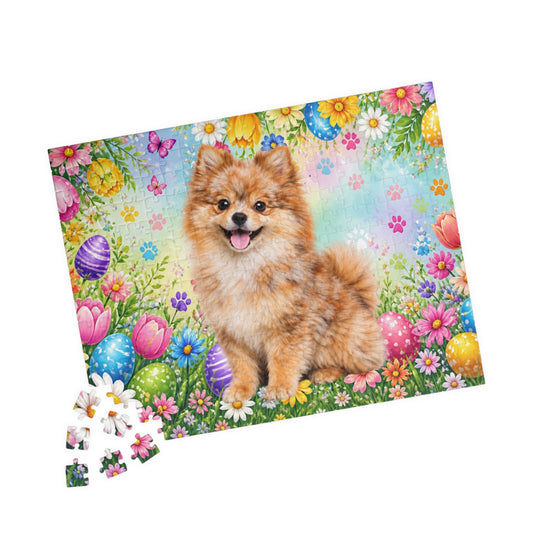 Pomeranian (Orange Merle) Easter Puppy Puzzle - Spring Garden with Eggs, Tulips, and Daisies