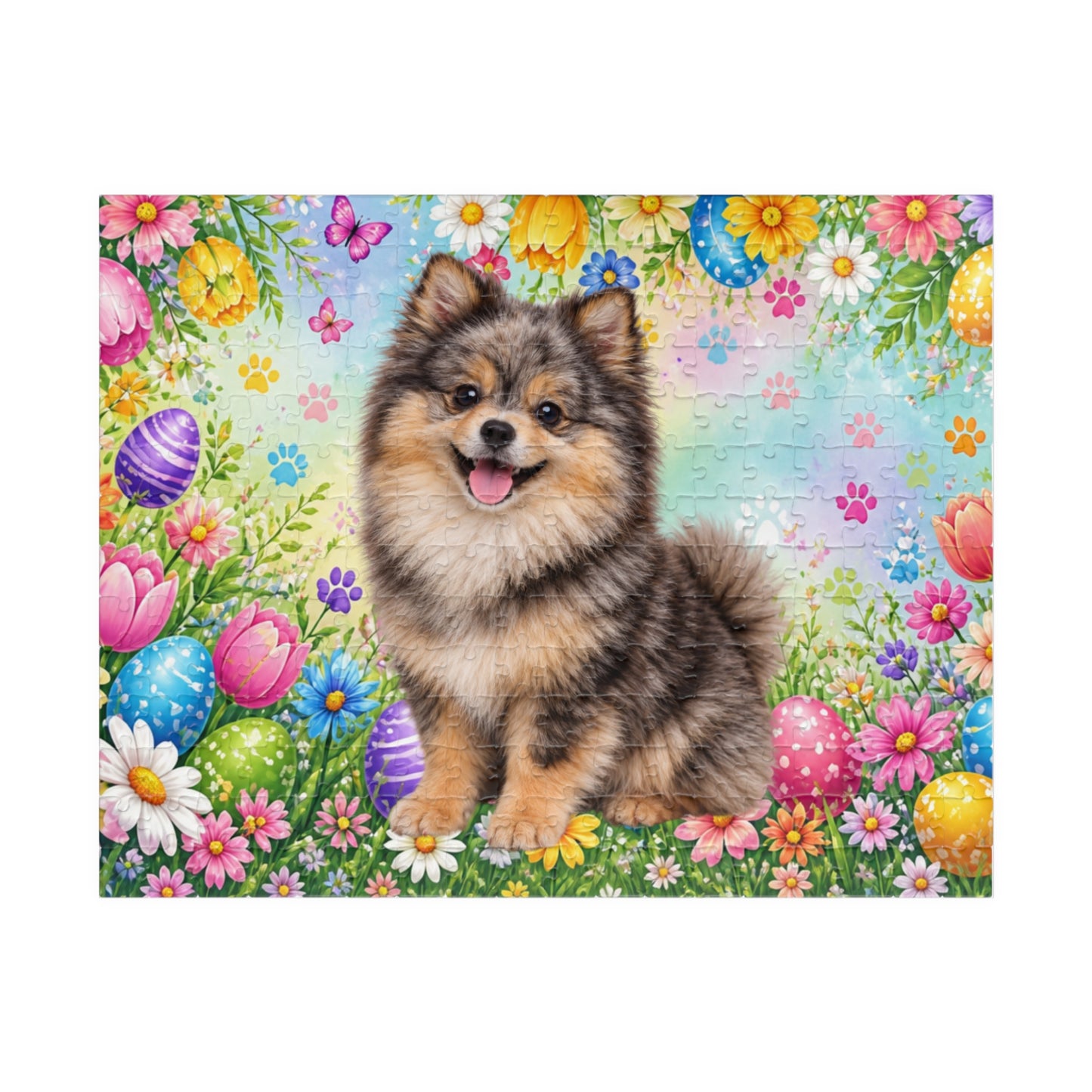 Pomeranian (Chocolate Merle) Easter Puppy Puzzle - Spring Garden with Eggs, Tulips, and Daisies