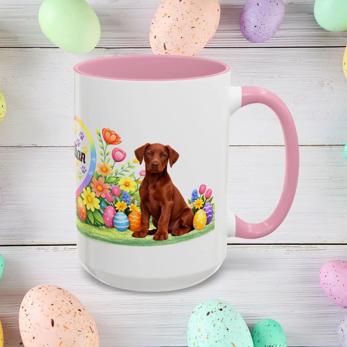 Shop our doberman melanistic red puppy easter mug featuring the 15oz style option from MySisterIsASurvivor.
