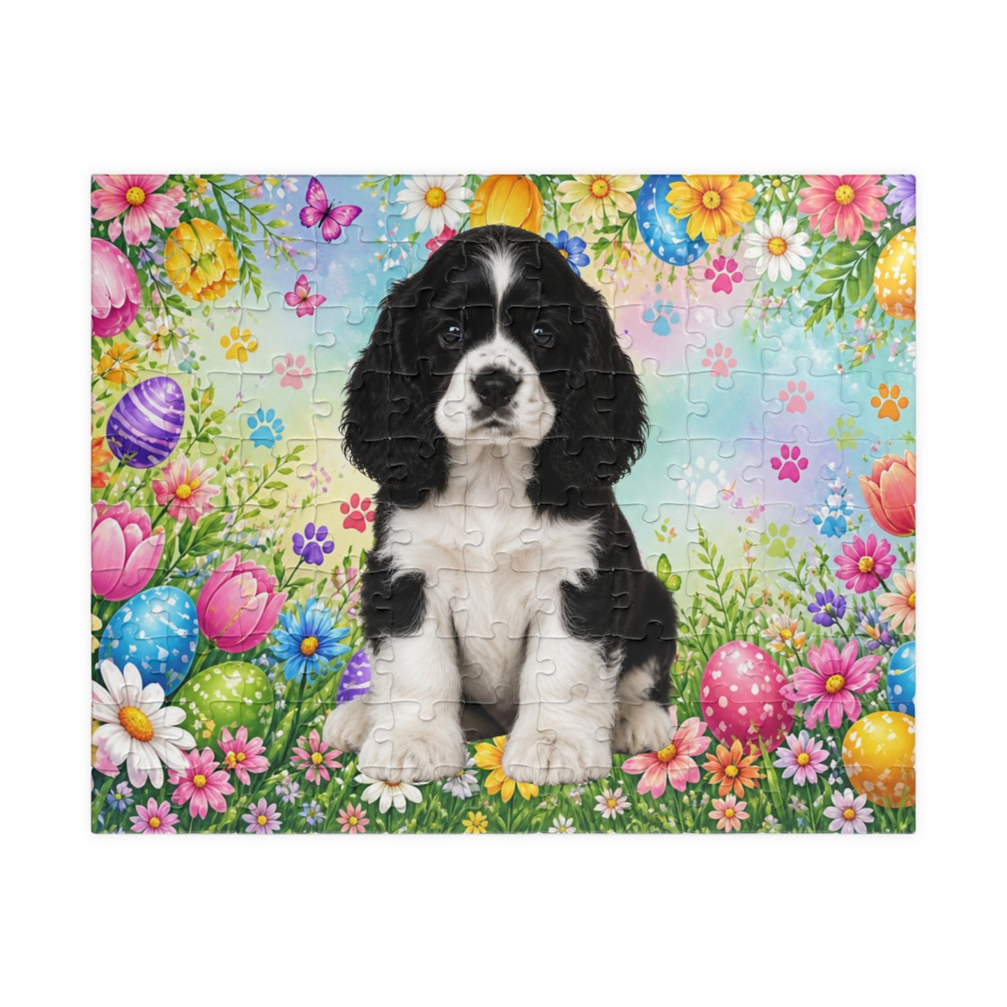 A completed jigsaw puzzle featuring a black and white puppy sitting in a colorful Easter garden with flowers, butterflies, pastel eggs, and a soft blue sky background.