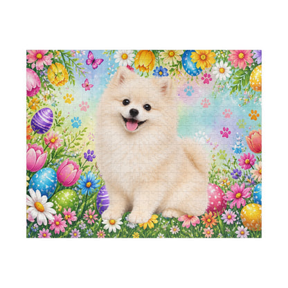 Pomeranian (Cream) Easter Puppy Puzzle - Spring Garden with Eggs, Tulips, and Daisies