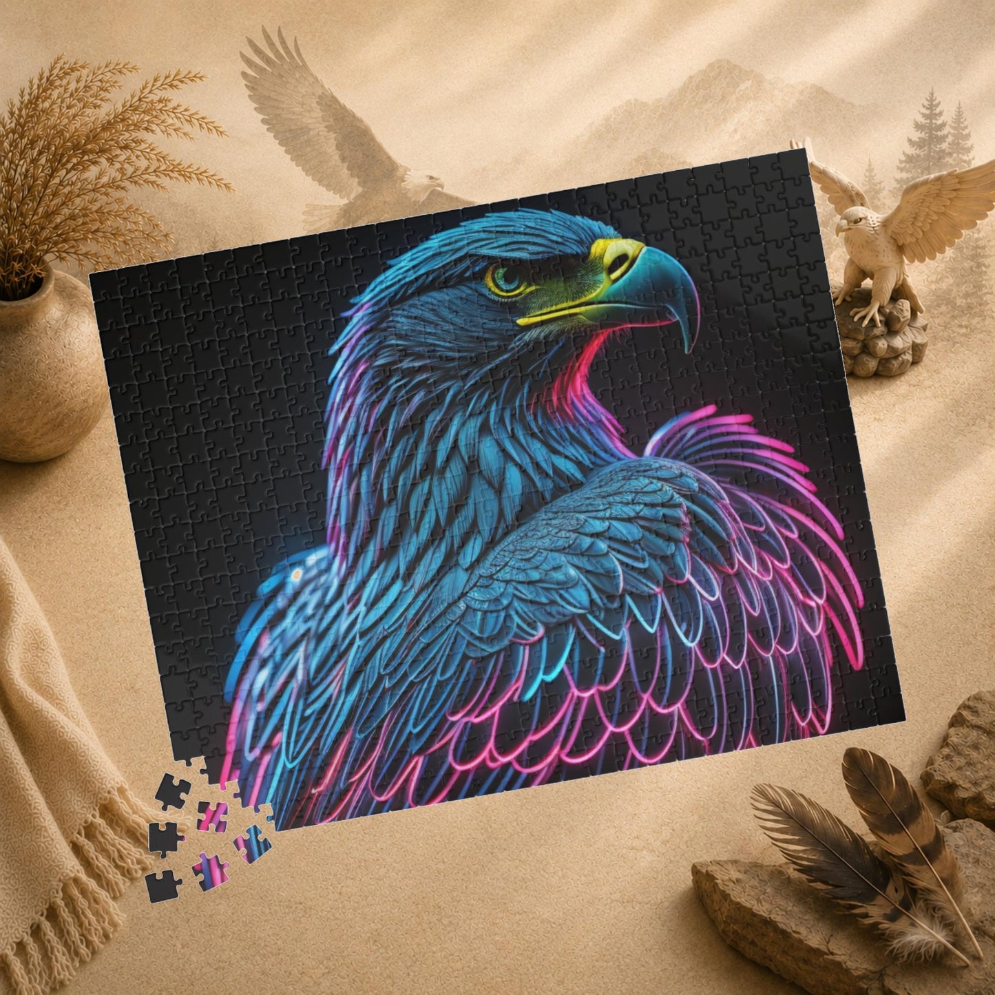Wings of Resilience - Neon Eagle Portrait Puzzle with Teal Feathers and Pink Neon Outlines on Black