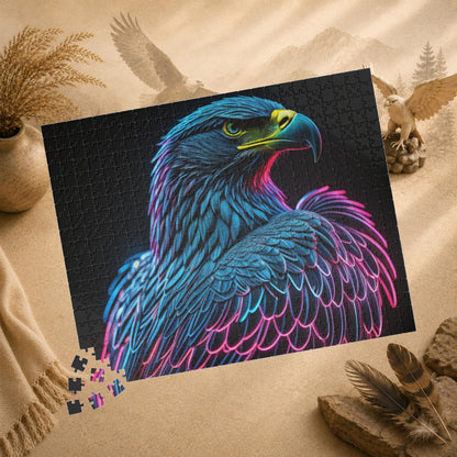 Wings of Resilience - Neon Eagle Portrait Puzzle with Teal Feathers and Pink Neon Outlines on Black