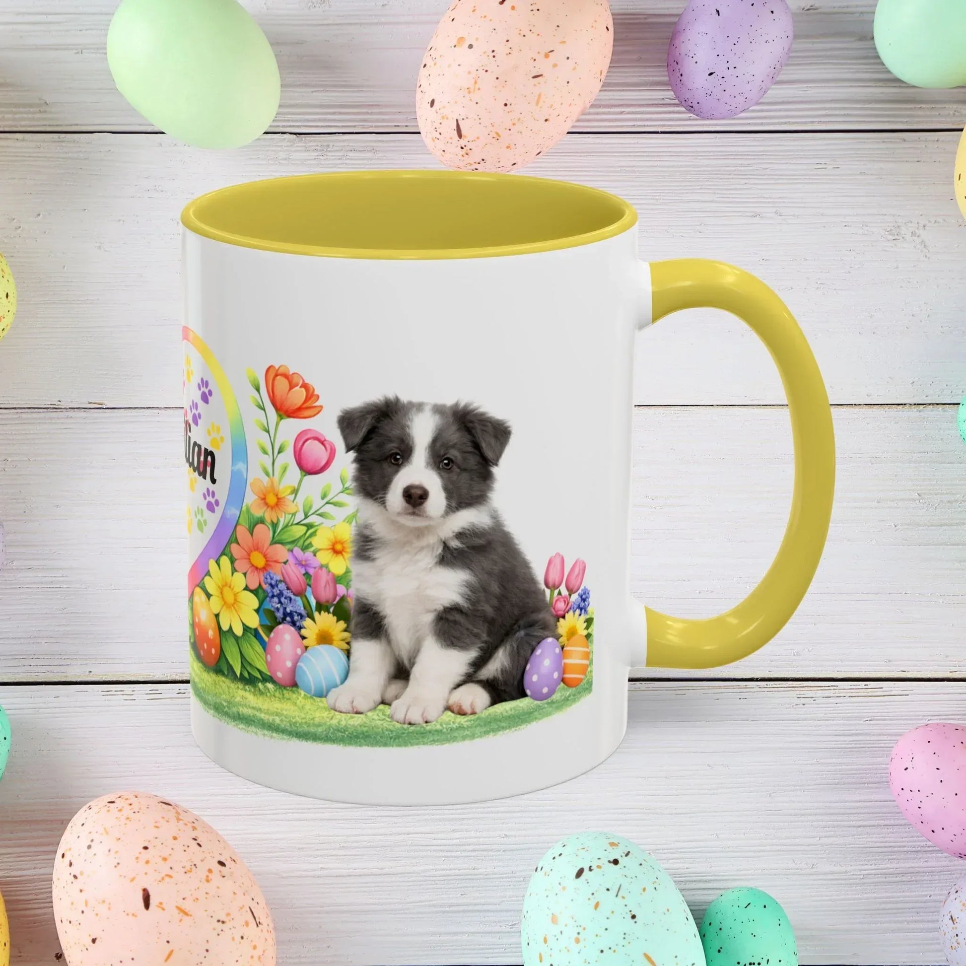 Shop our border collie blue white puppy easter mug featuring the 15oz style option from MySisterIsASurvivor.