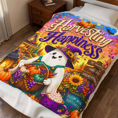 Harvesting Happiness Velveteen Blanket - Ghost with Pumpkin Basket and Be Grateful Find Joy Spread Kindness Sign