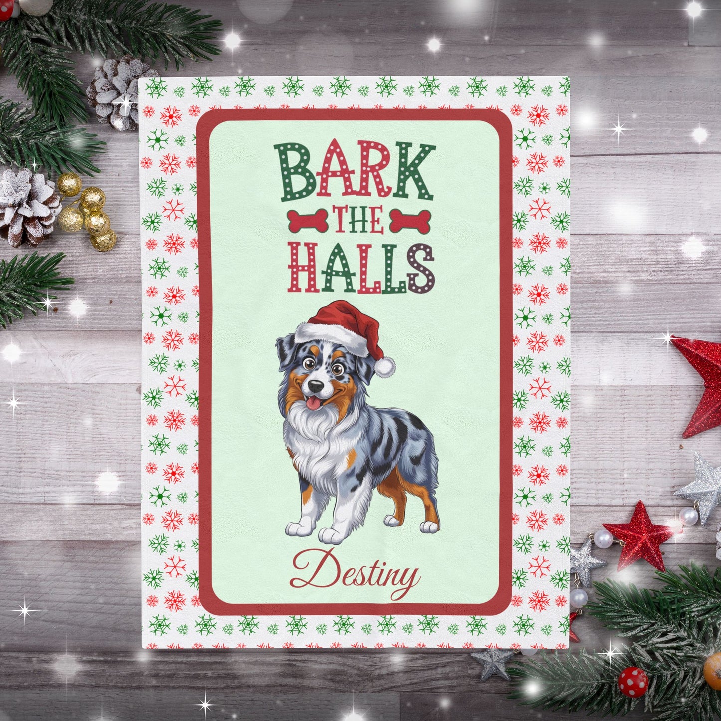 Blue Merle Australian Shepherd personalized velveteen blanket, cozy bark the halls dog throw