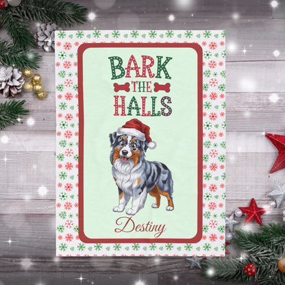 Blue Merle Australian Shepherd personalized velveteen blanket, cozy bark the halls dog throw