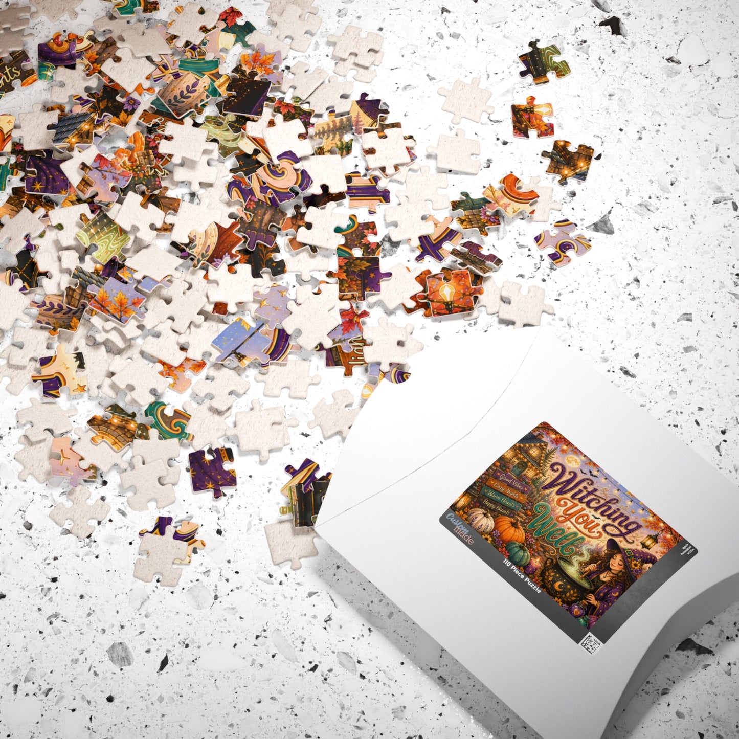 Witching You Well Halloween Puzzle - Witch Stirring Cauldron with Pumpkins, Full Moon, and Cottage