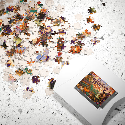 Witching You Well Halloween Puzzle - Witch Stirring Cauldron with Pumpkins, Full Moon, and Cottage