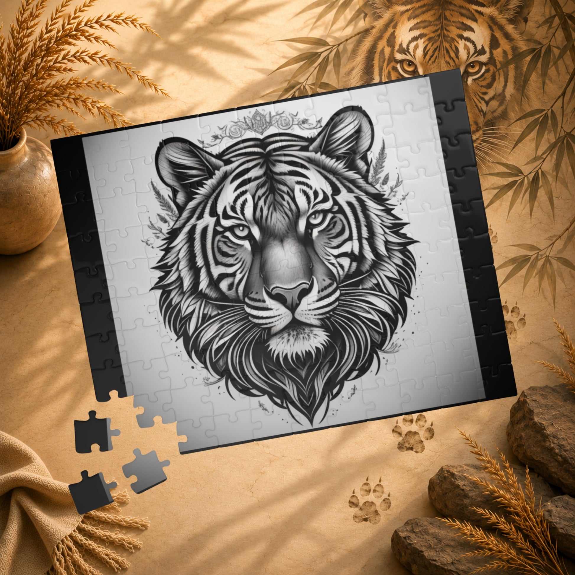 Jigsaw puzzle with a tiger design on a white background