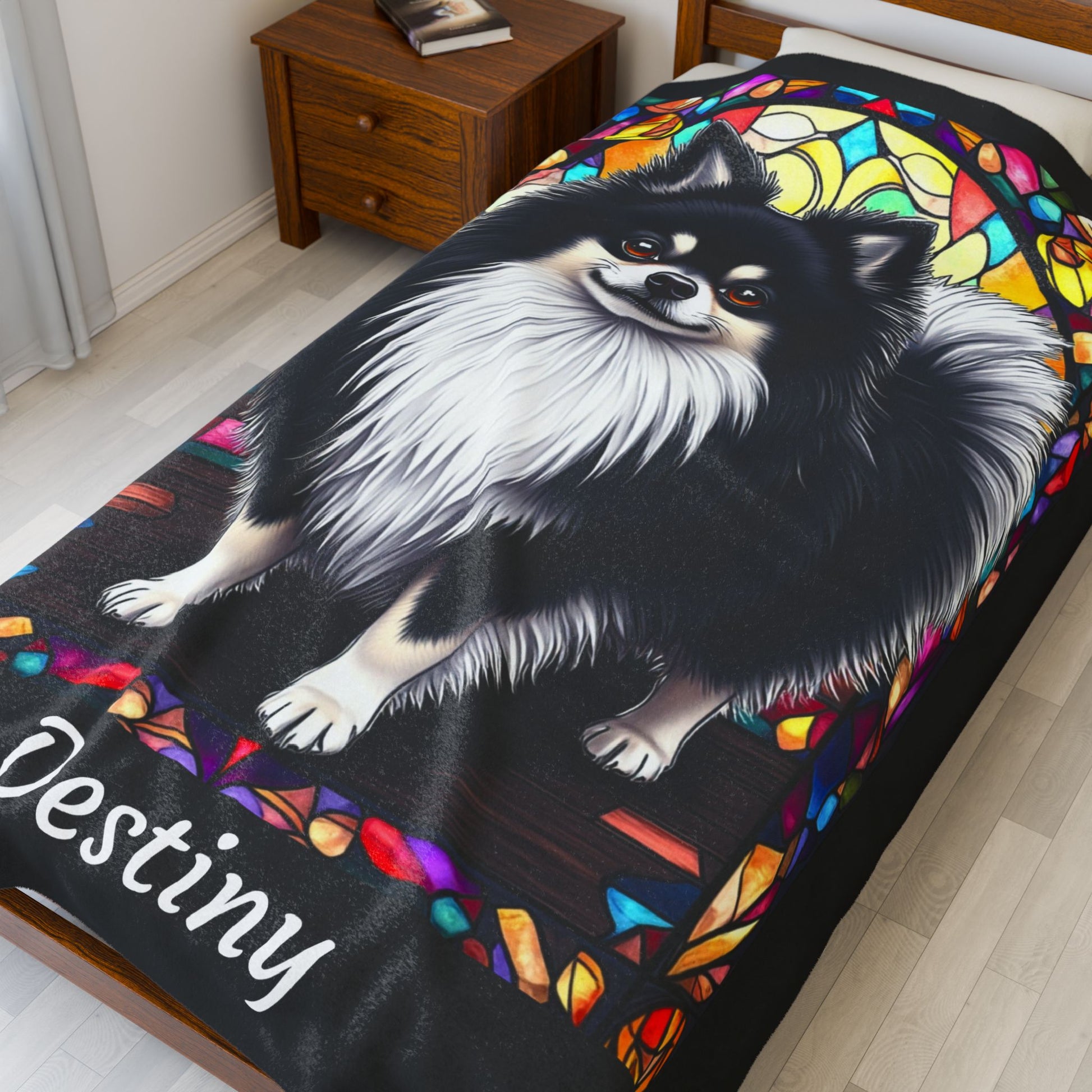 Pomeranian Black & White Coat Blanket, Velveteen Plush Stained Glass Dog Throw, Pet Lover Gift