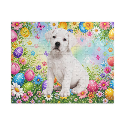 Rottweiler (White) Easter Puppy Puzzle - Spring Garden with Eggs, Tulips, and Butterflies