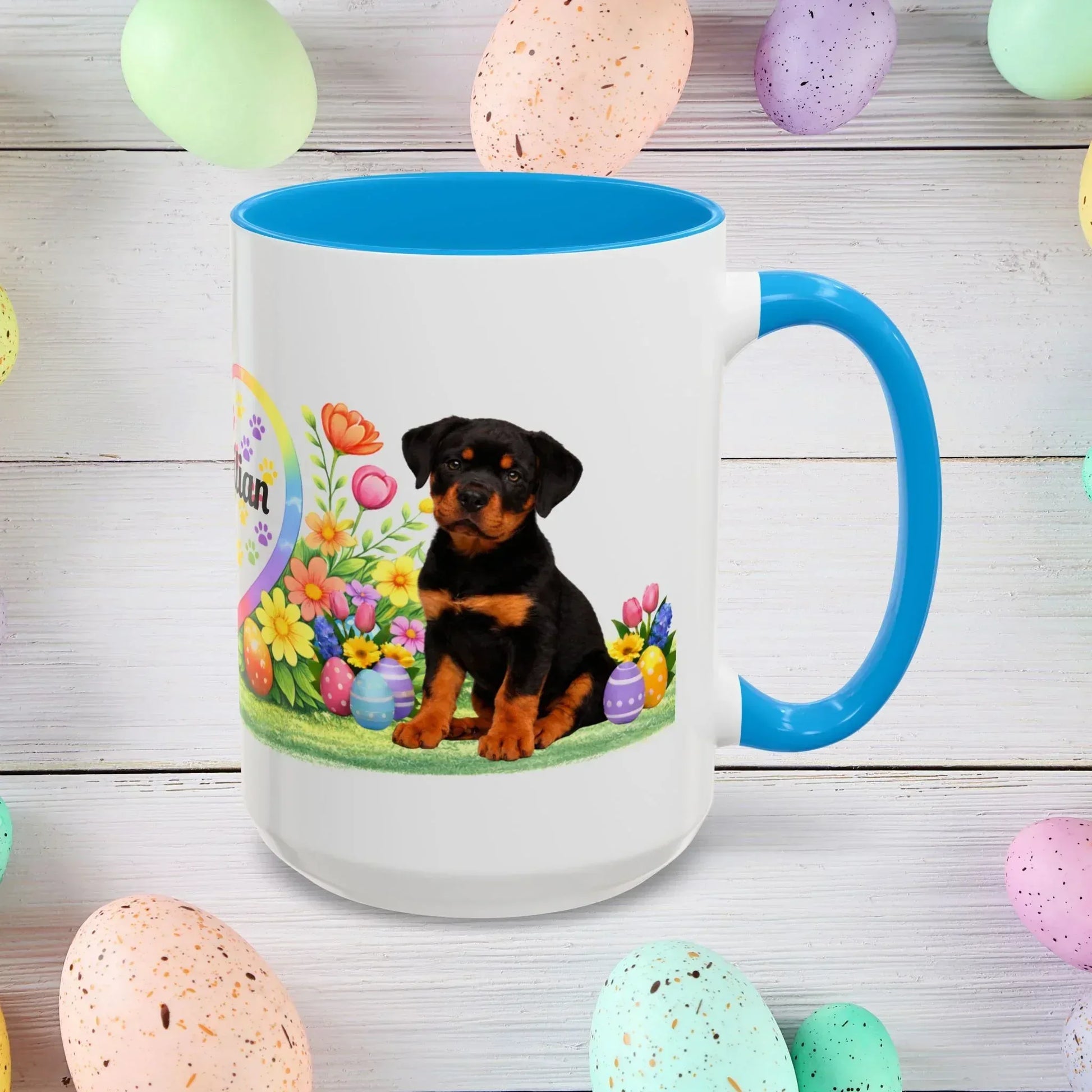 Shop our rottweiler black rust puppy easter mug featuring the 15oz style option from MySisterIsASurvivor.