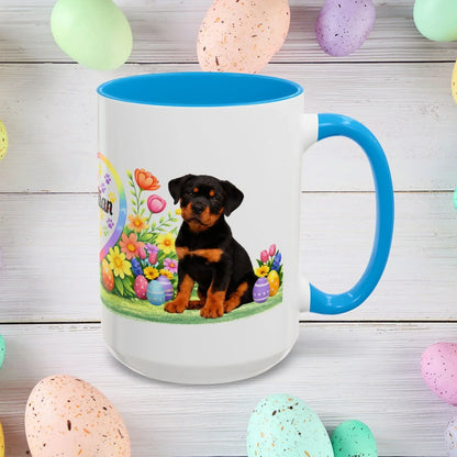 Shop our rottweiler black rust puppy easter mug featuring the 15oz style option from MySisterIsASurvivor.