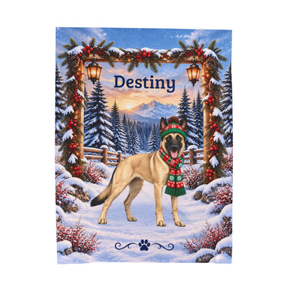 Belgian Malinois (Fawn Coat) - Custom Name Plush Blanket, Personalized Snowy Woodland Dog Mom Gift