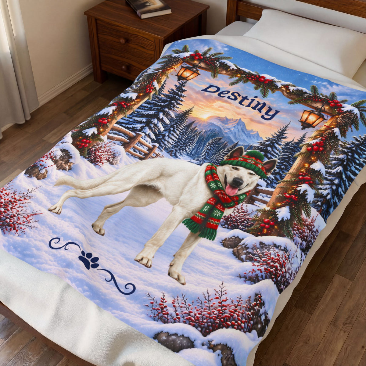 Belgian Malinois (White Coat) - Custom Pet Name Velveteen Blanket, Snowy Forest Gift for Mali Lovers