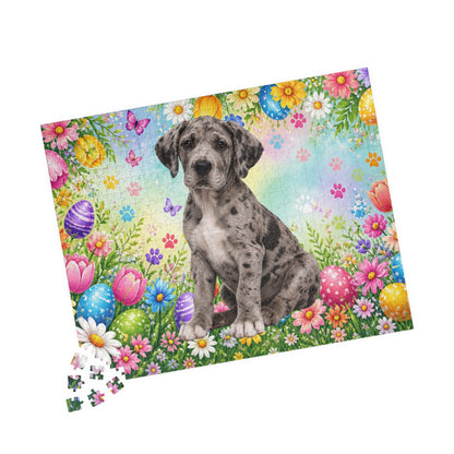 Great Dane (Merle) Easter Puppy Puzzle - Spring Garden with Eggs, Tulips, and Daisies