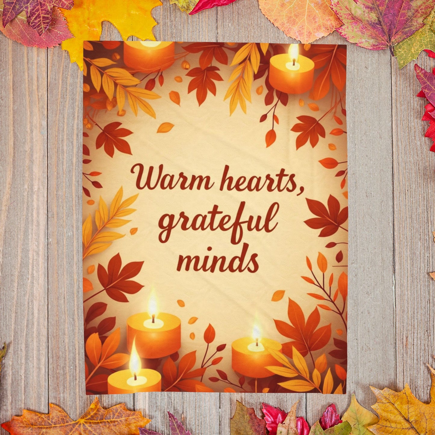 Cozy fall blanket with “Warm Hearts, Grateful Minds,” mindfulness-inspired autumn home décor.