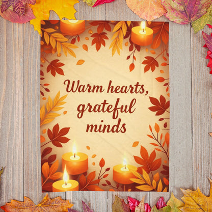 Cozy fall blanket with “Warm Hearts, Grateful Minds,” mindfulness-inspired autumn home décor.