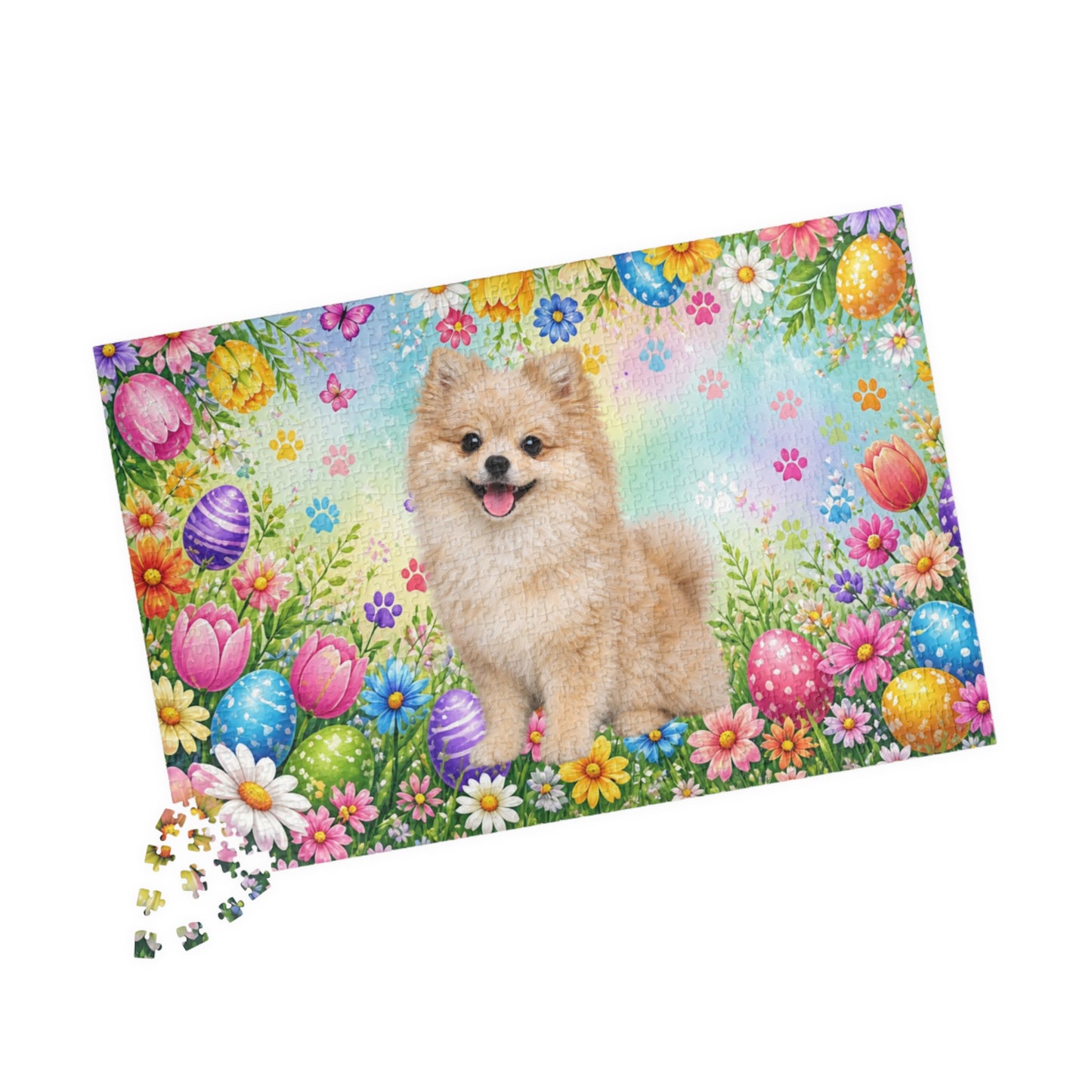 Pomeranian (Cream Merle) Easter Puppy Puzzle - Spring Garden with Eggs, Tulips, and Daisies