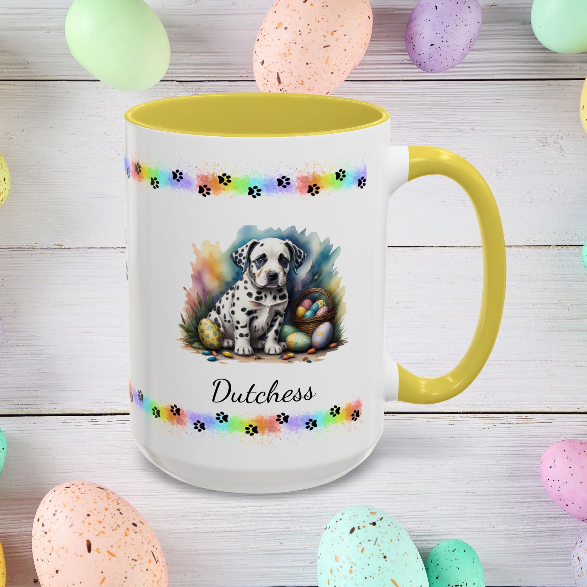 Dalmatian: Personalized Easter Puppy Coffee Mug - Adorable Dog Design, Mental Health Gift, 11oz & 15oz, 12 Color Choices, Easter Gifts & Décor