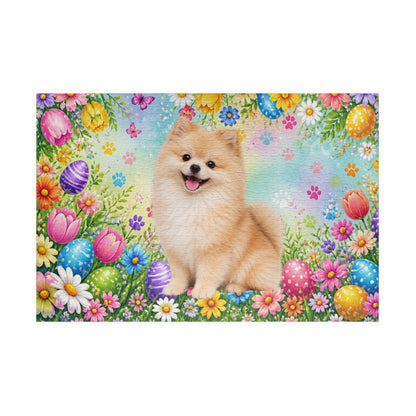 Pomeranian (Cream Sable) Easter Puppy Puzzle - Spring Garden with Eggs, Tulips, and Daisies