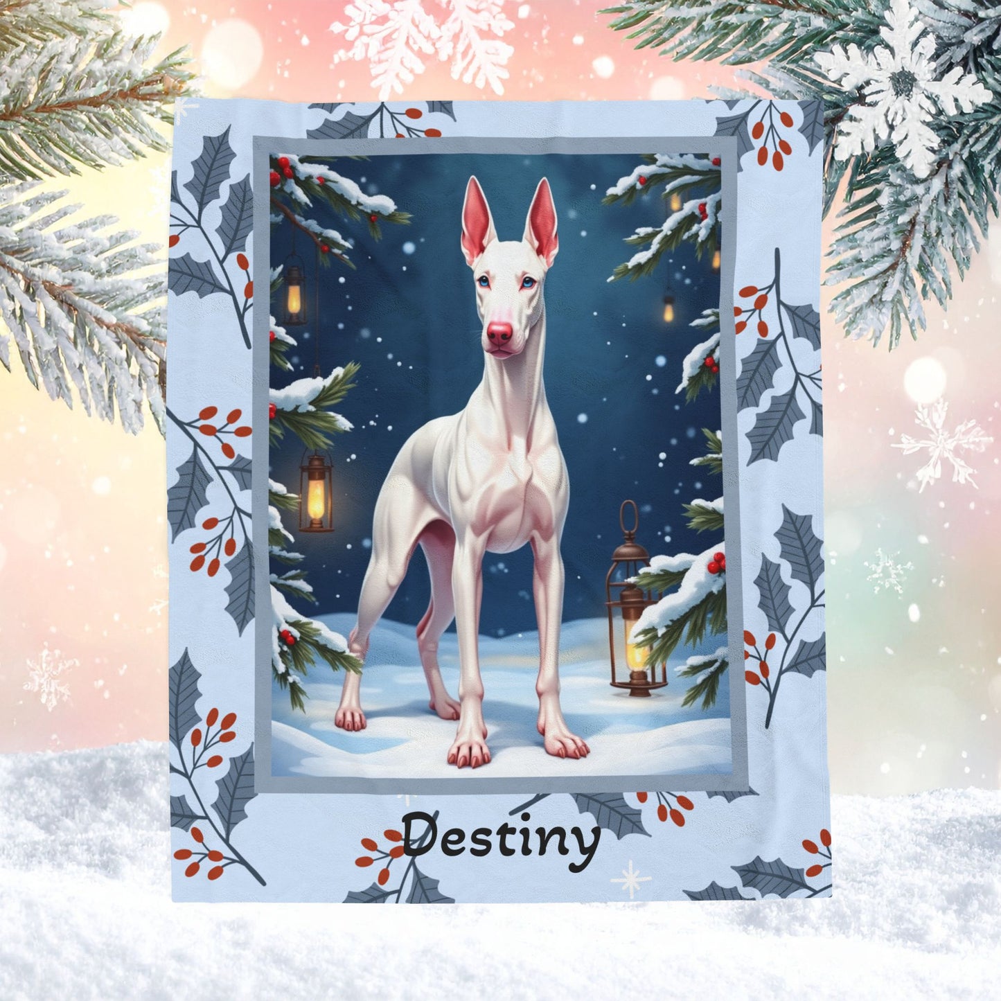 Doberman White personalized winter Doberman blanket with crisp white coat artwork in a cozy winter lodge scene