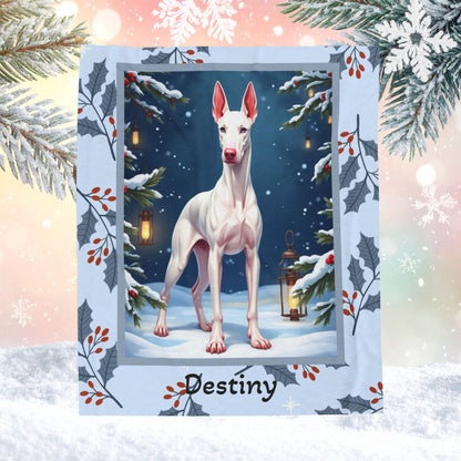 Doberman White personalized winter Doberman blanket with crisp white coat artwork in a cozy winter lodge scene