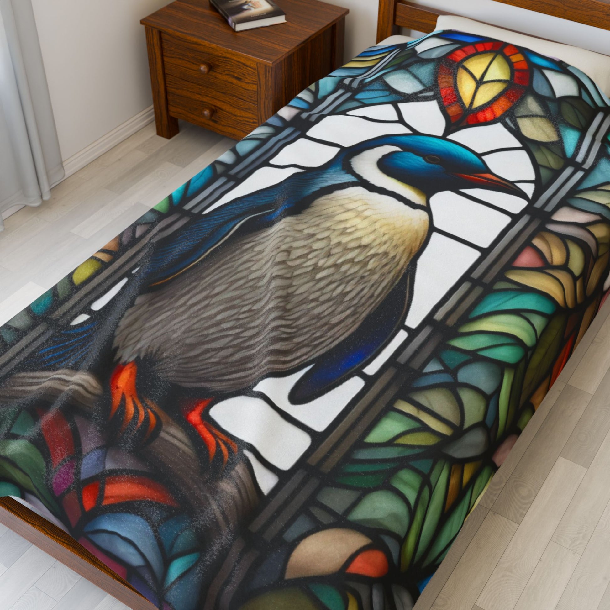 A cozy penguin blanket with stained glass-inspired art, perfect for winter warmth and comfort.