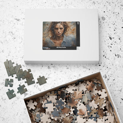 Break Free - Woman's Portrait Puzzle with Cracked Texture in Muted Blue and Brown Tones