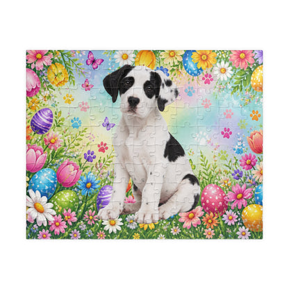 Great Dane (Piebald) Easter Puppy Puzzle - Spring Garden with Eggs, Tulips, and Daisies