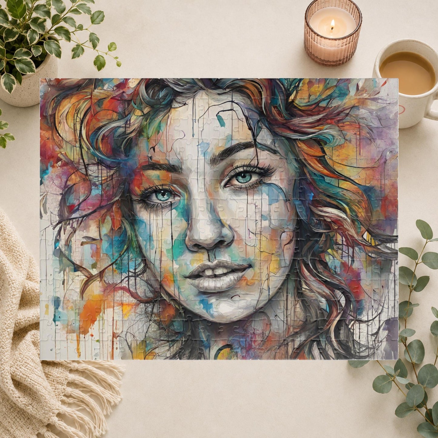 Pathway to Resilience - Sketch and Watercolor Woman's Portrait Puzzle with Ink Drips and Curly Hair