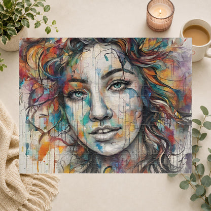 Pathway to Resilience - Sketch and Watercolor Woman's Portrait Puzzle with Ink Drips and Curly Hair