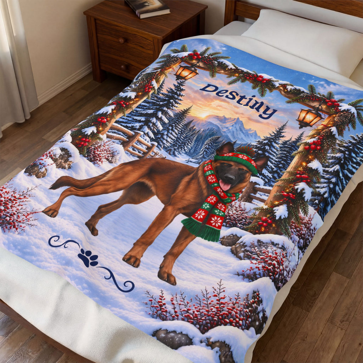 Belgian Malinois (Red Sable Coat) - Custom Name Dog Blanket, Winter Cabin Throw for Mali Owners