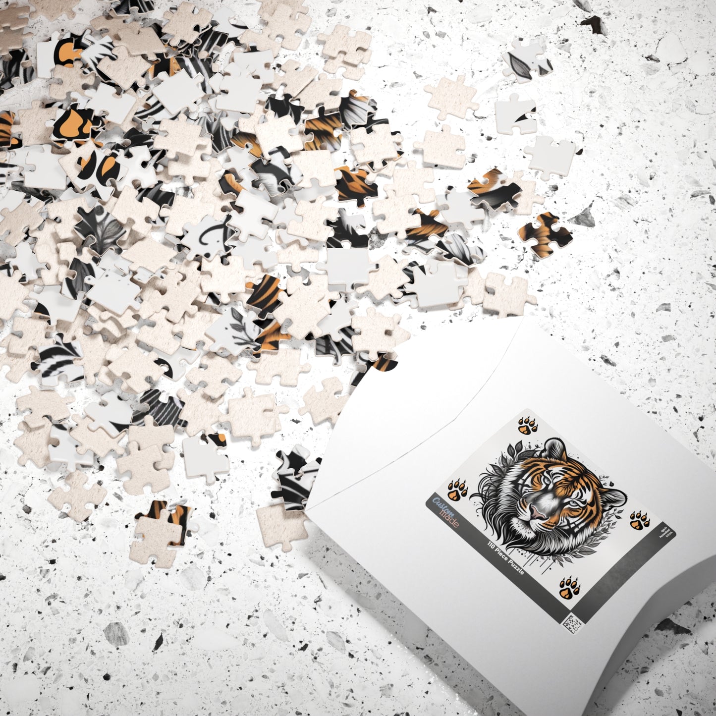 Empower Your Mind - Ink and Orange Tiger Puzzle with Botanical Leaves and Paw Prints on White
