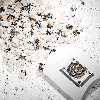 Empower Your Mind - Ink and Orange Tiger Puzzle with Botanical Leaves and Paw Prints on White