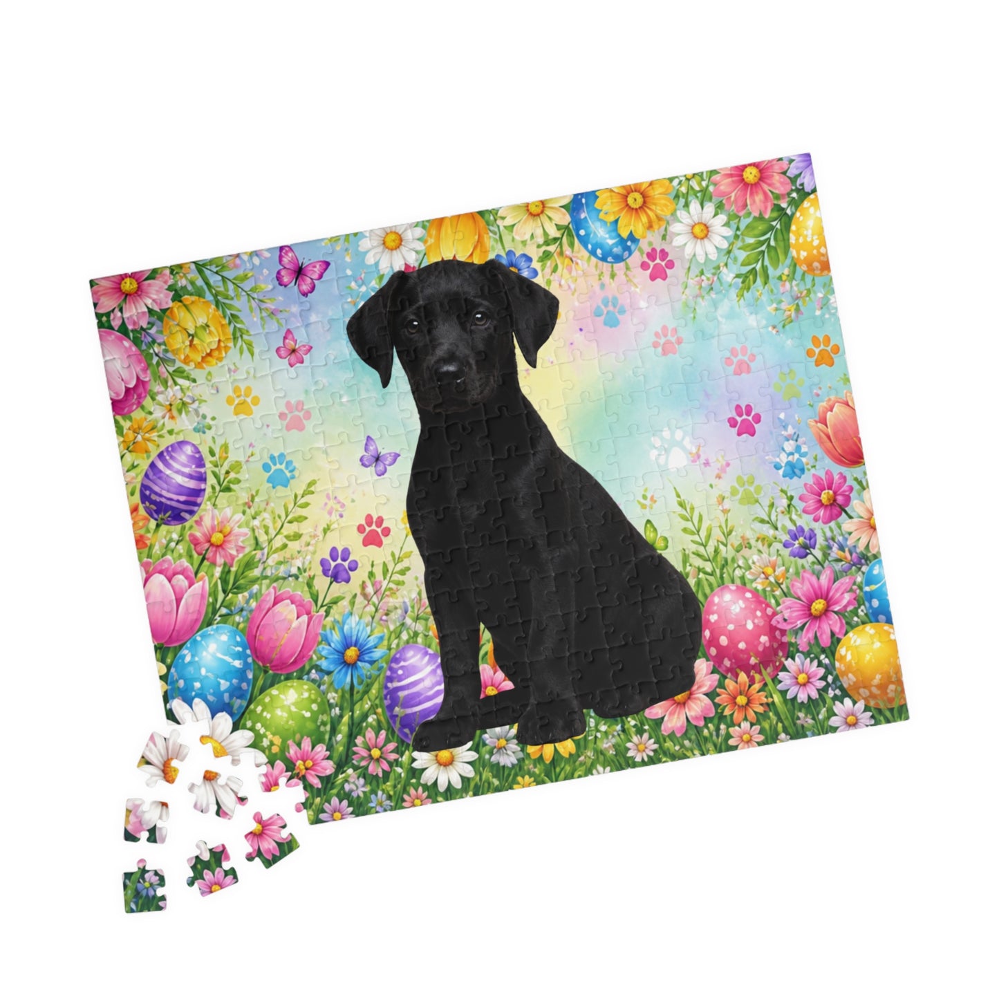 Doberman (Black) Easter Puppy Puzzle - Spring Flowers, Easter Eggs, and Butterflies