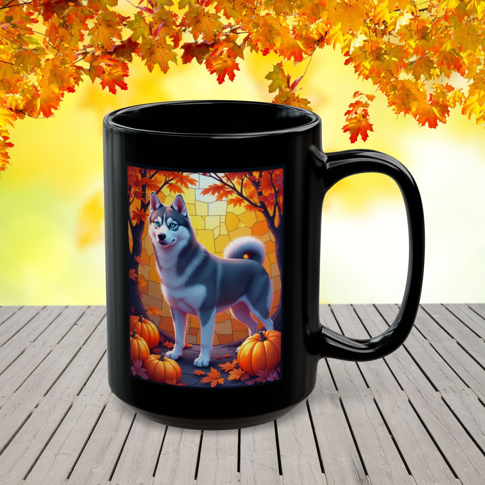 Dark Grey Siberian Husky (Blue Eyes) fall mug, custom dog lover gift for cozy seasonal drinks