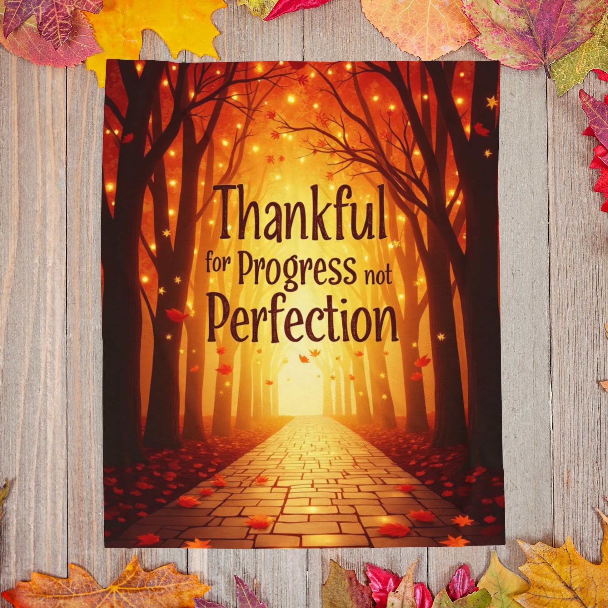 Mindful motivation blanket with “Thankful for Progress, Not Perfection,” calming fall color palette.