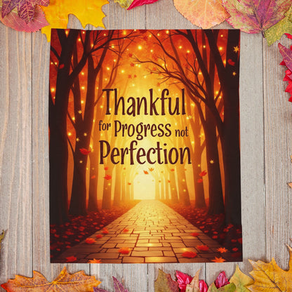Mindful motivation blanket with “Thankful for Progress, Not Perfection,” calming fall color palette.