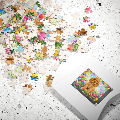 American Cocker Spaniel (Golden) Easter Puppy Puzzle - Spring Garden with Eggs, Tulips, and Daisies