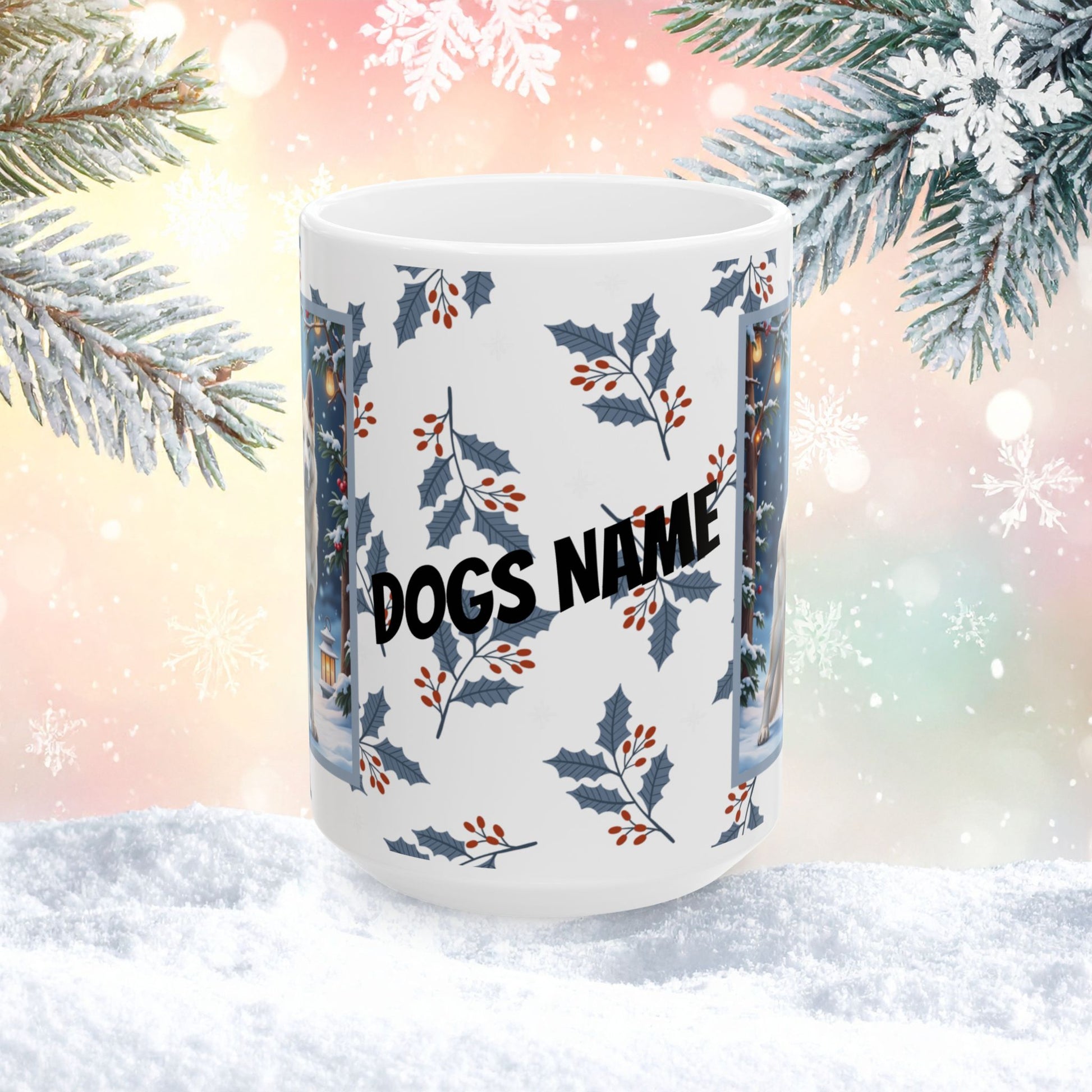 German Shepherd (White) Winter Mug - white German Shepherd artwork standing in a bright winter scene with snow-covered trees