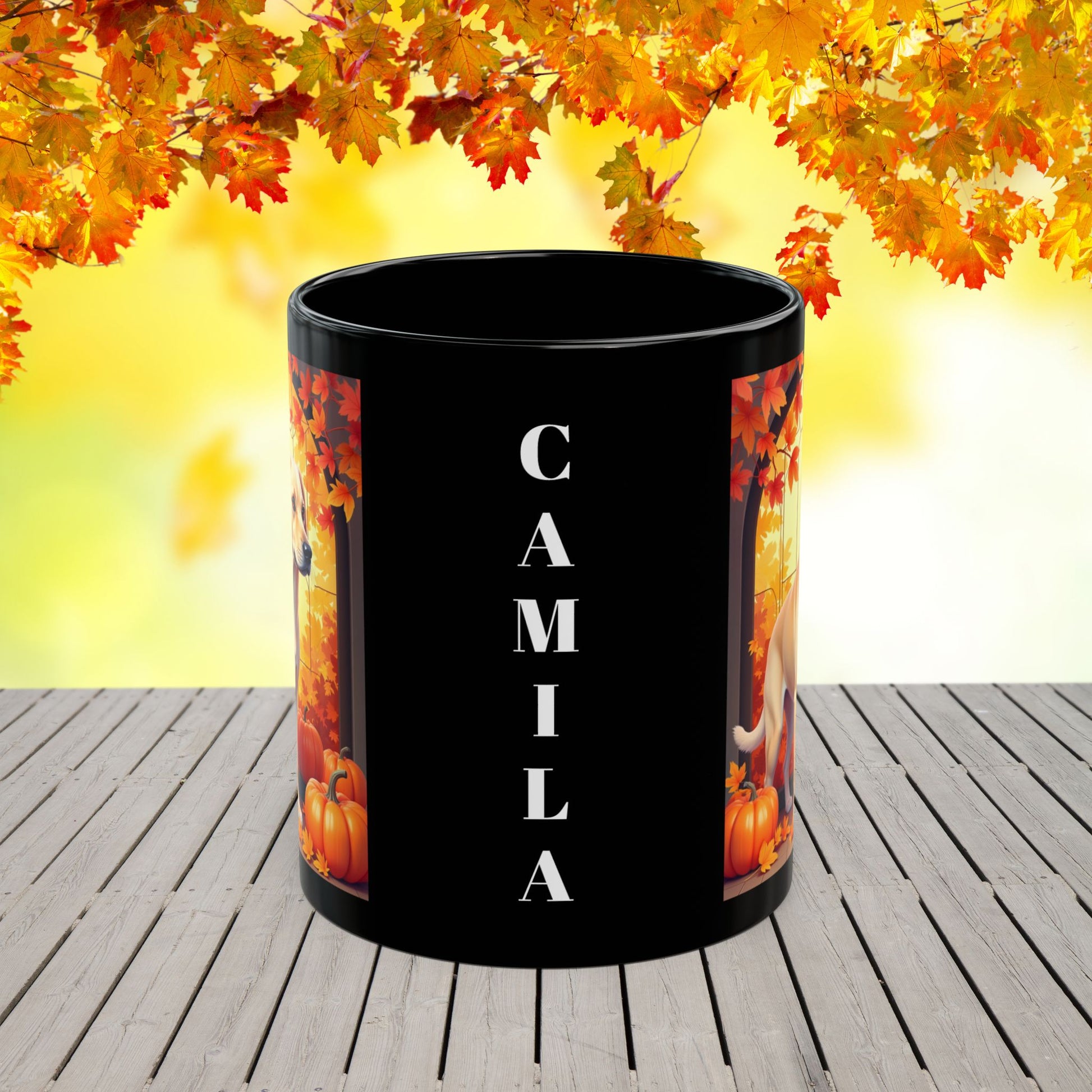 Yellow Labrador autumn mug, custom personalized coffee cup, cozy fall dog lover gift - MySisterIsASurvivor