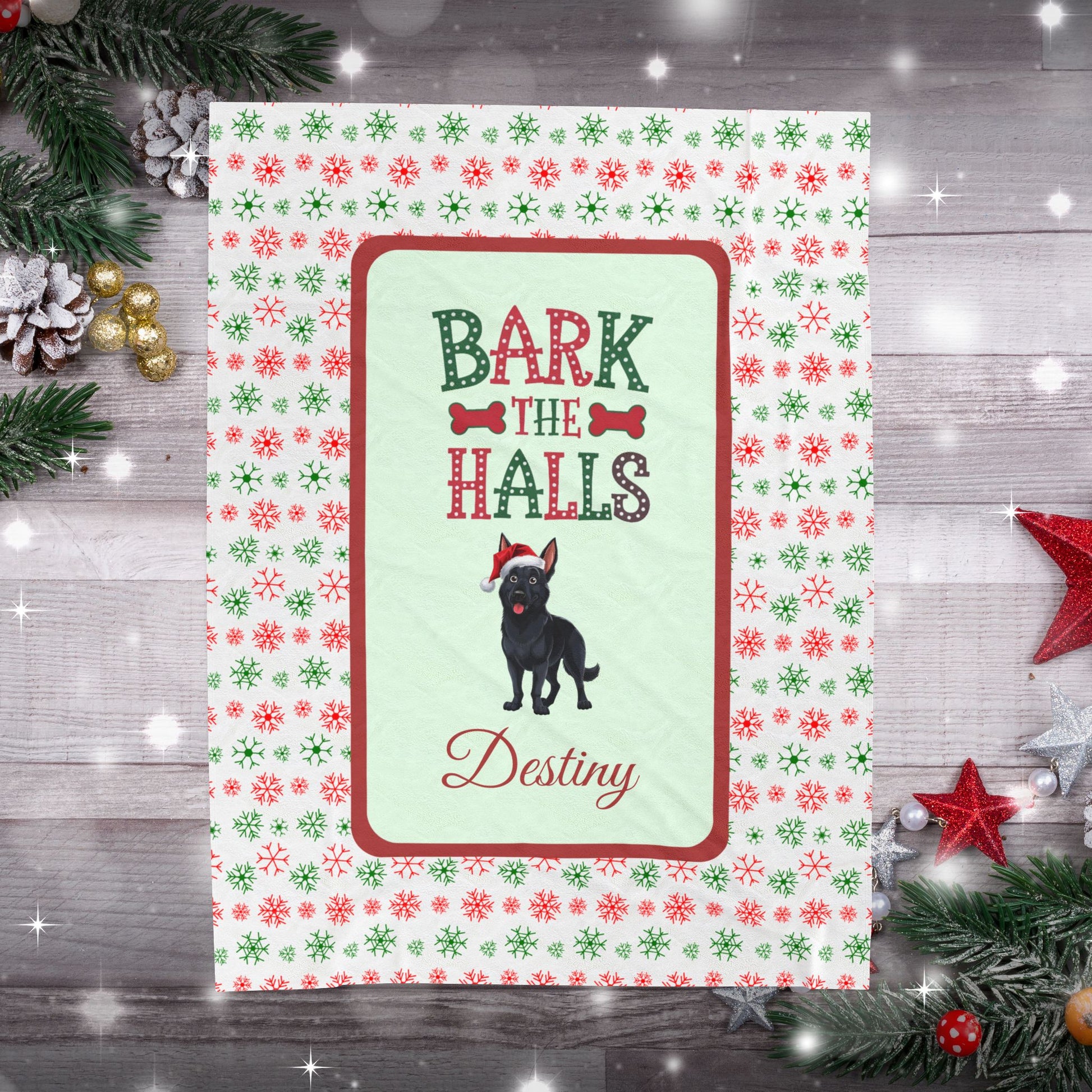 German Shepherd Black custom velveteen blanket Bark The Halls cozy holiday dog lover gift