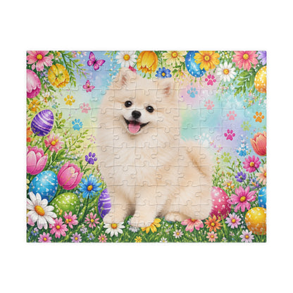 Pomeranian (Cream) Easter Puppy Puzzle - Spring Garden with Eggs, Tulips, and Daisies