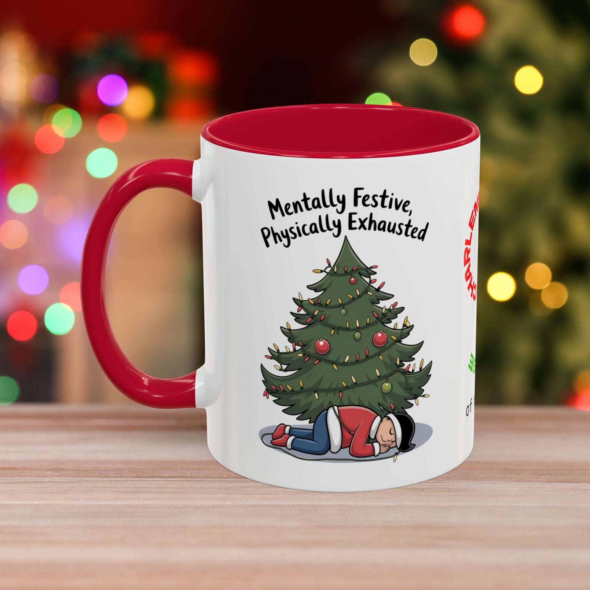 Mentally Festive, Physically Exhausted - Christmas Mug with Colorful Design and Accent Color