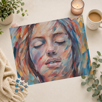 Empowerment Escape - Close-Up Woman's Portrait Puzzle with Bold Multicolor Oil Brushstrokes