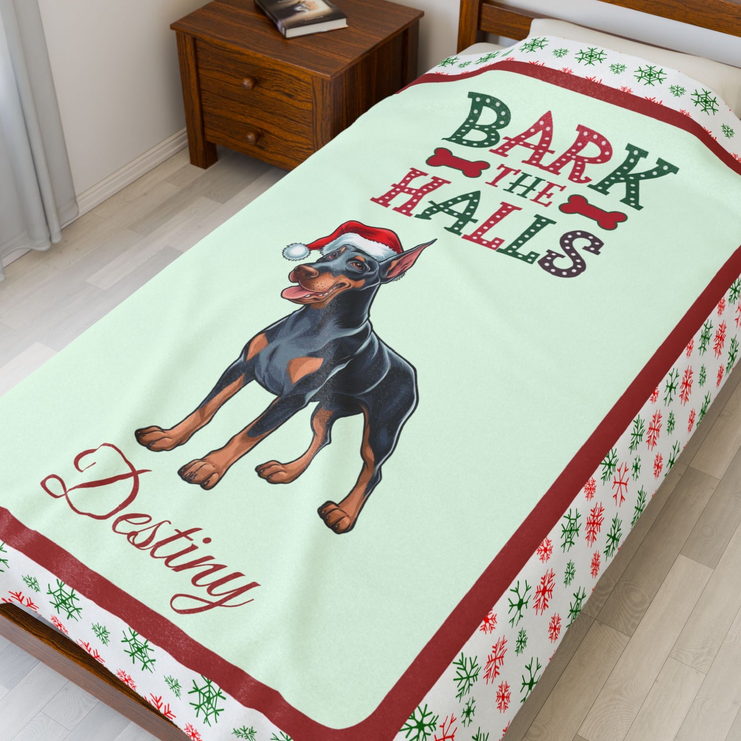 Doberman Pinscher (Blue & Rust) Custom Velveteen Blanket - festive Bark The Halls dog throw, perfect gift