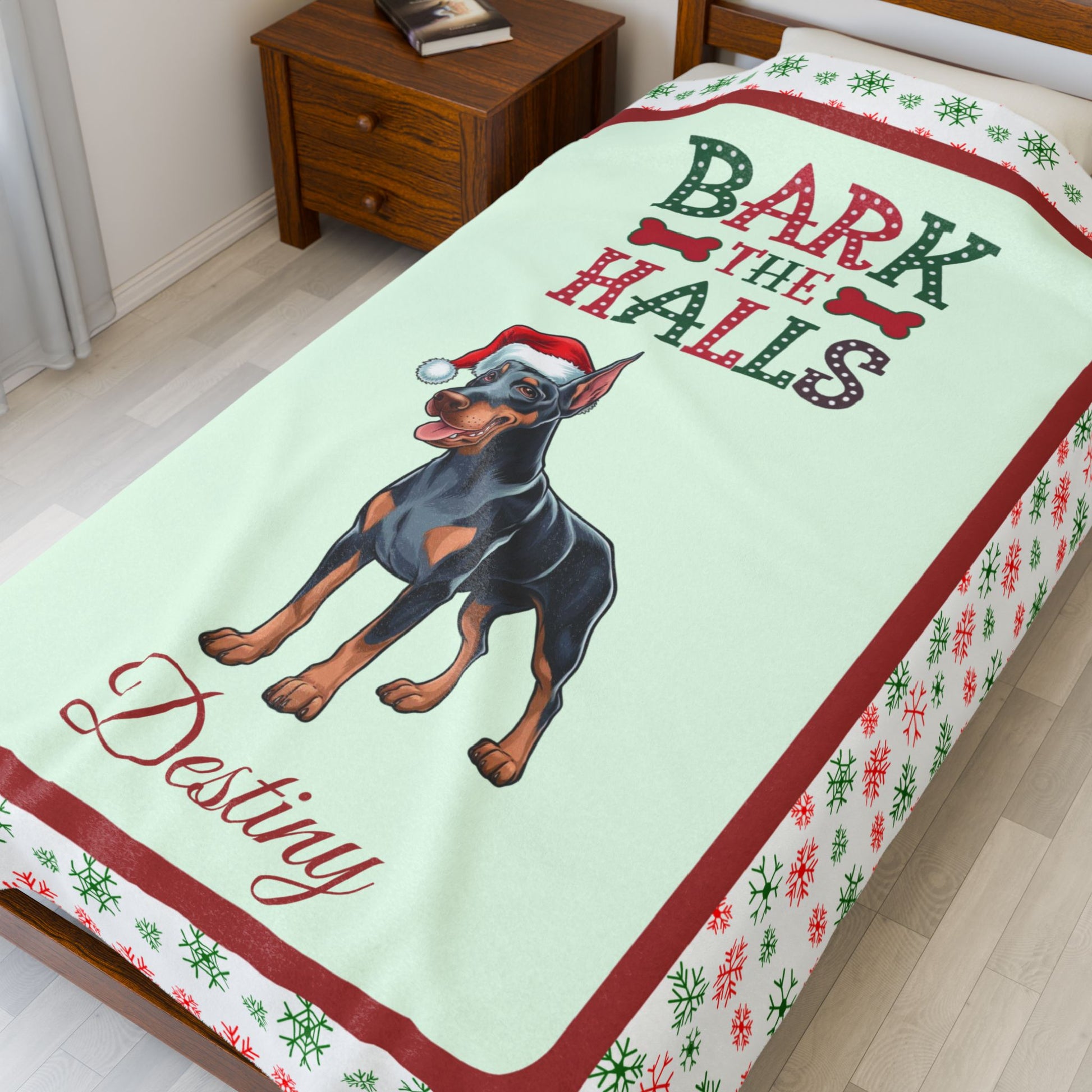Doberman Pinscher (Blue & Rust) Custom Velveteen Blanket - festive Bark The Halls dog throw, perfect gift